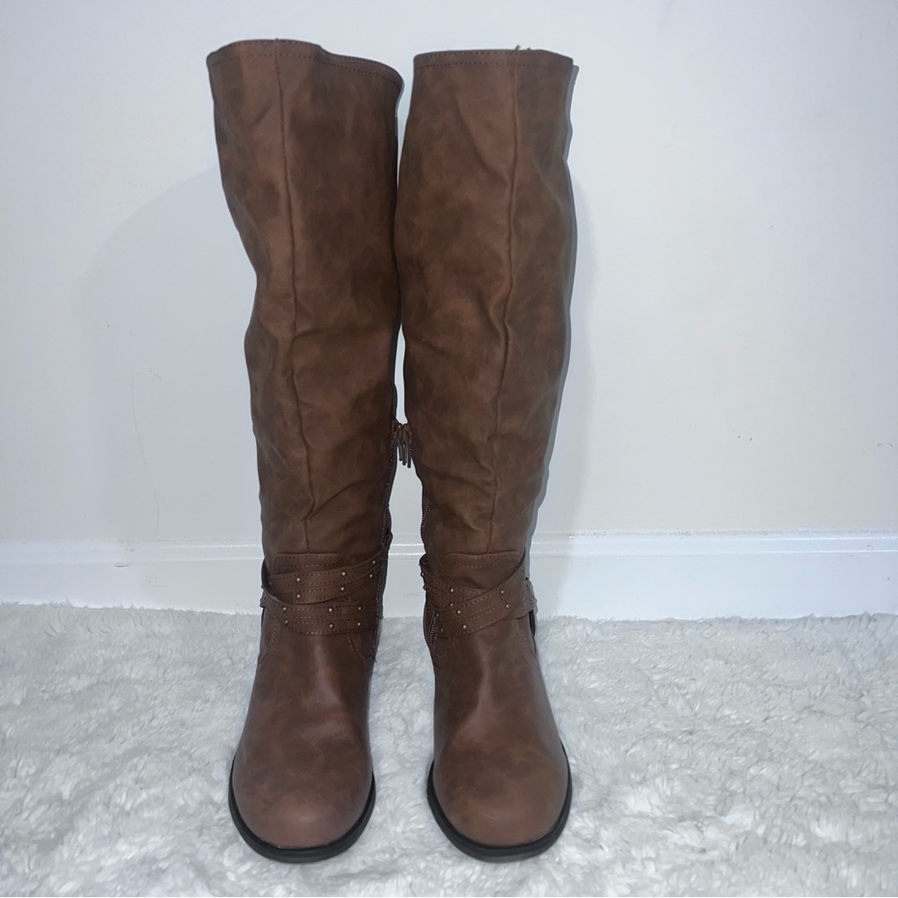 Classic Brown XOXO Cowgirl Riding Boots with Stud Buckle - Picture 2 of 13